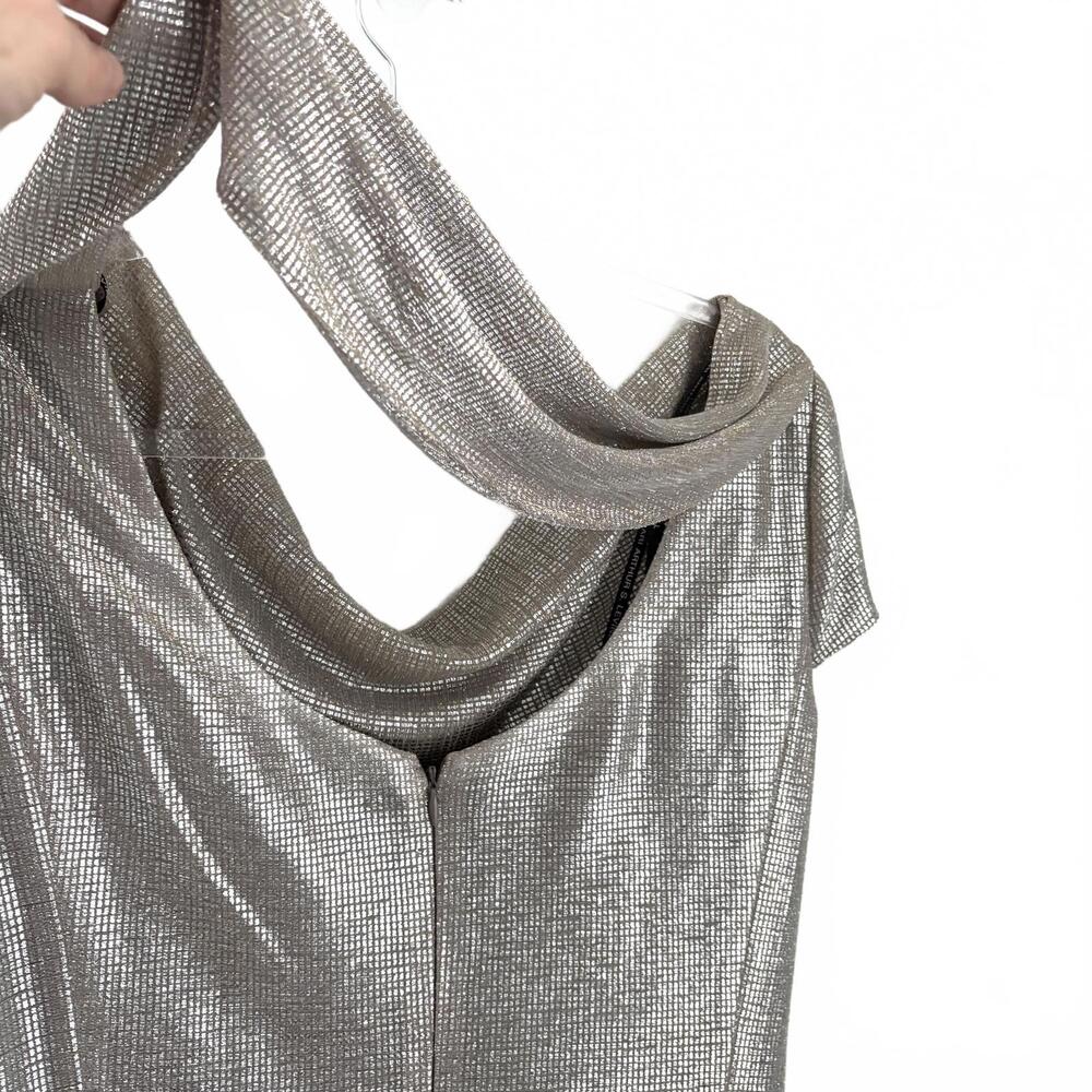 Tahari | Metallic Silver Gold Shimmer Cap Sleeve Sash Dress Size 14 - Picture 5 of 9